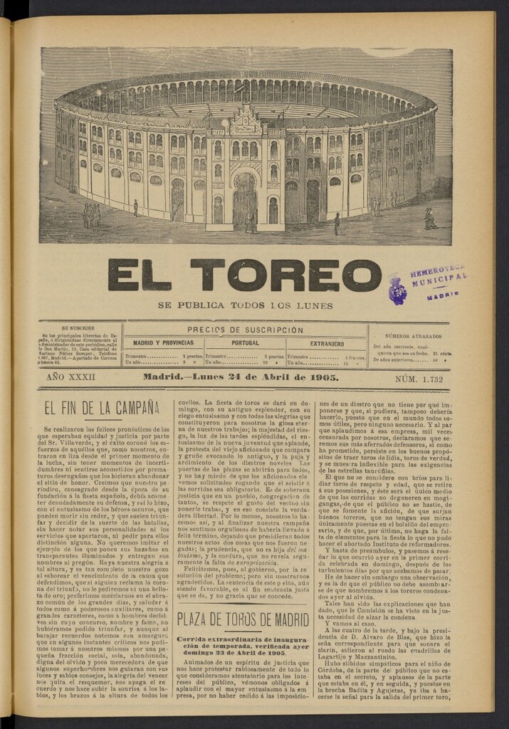 Miniatura de El Toreo: suplemento a "La Correspondencia Teatral" del 24 de abril de 1905, nº 1732