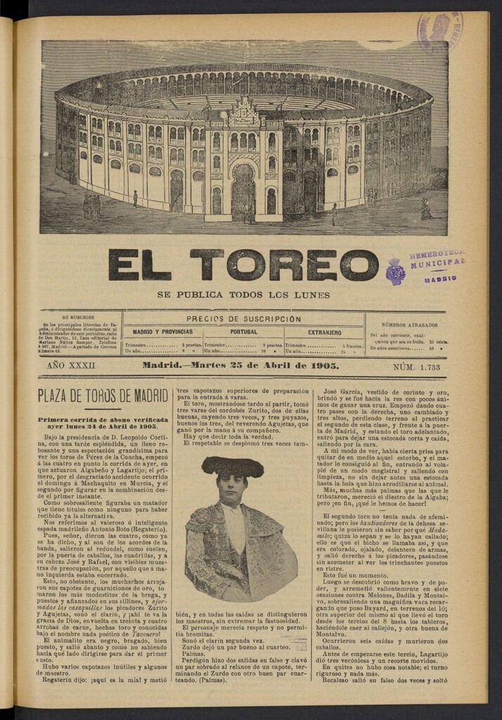 Miniatura de El Toreo: suplemento a "La Correspondencia Teatral" del 25 de abril de 1905, nº 1733