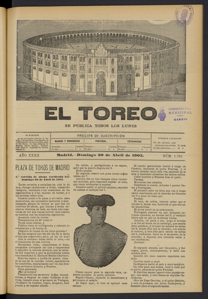 Miniatura de El Toreo: suplemento a "La Correspondencia Teatral" del 30 de abril de 1905, nº 1734