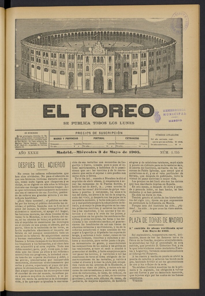 Miniatura de El Toreo: suplemento a "La Correspondencia Teatral" del 3 de mayo de 1905, nº 1735