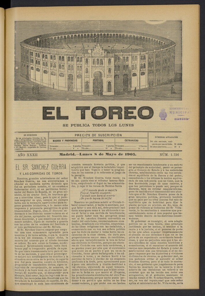 Miniatura de El Toreo: suplemento a "La Correspondencia Teatral" del 8 de mayo de 1905, nº 1736