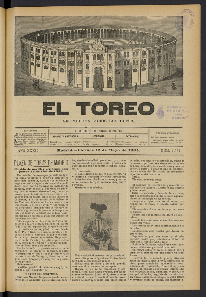 Miniatura de El Toreo: suplemento a "La Correspondencia Teatral" del 12 de mayo de 1905, nº 1737
