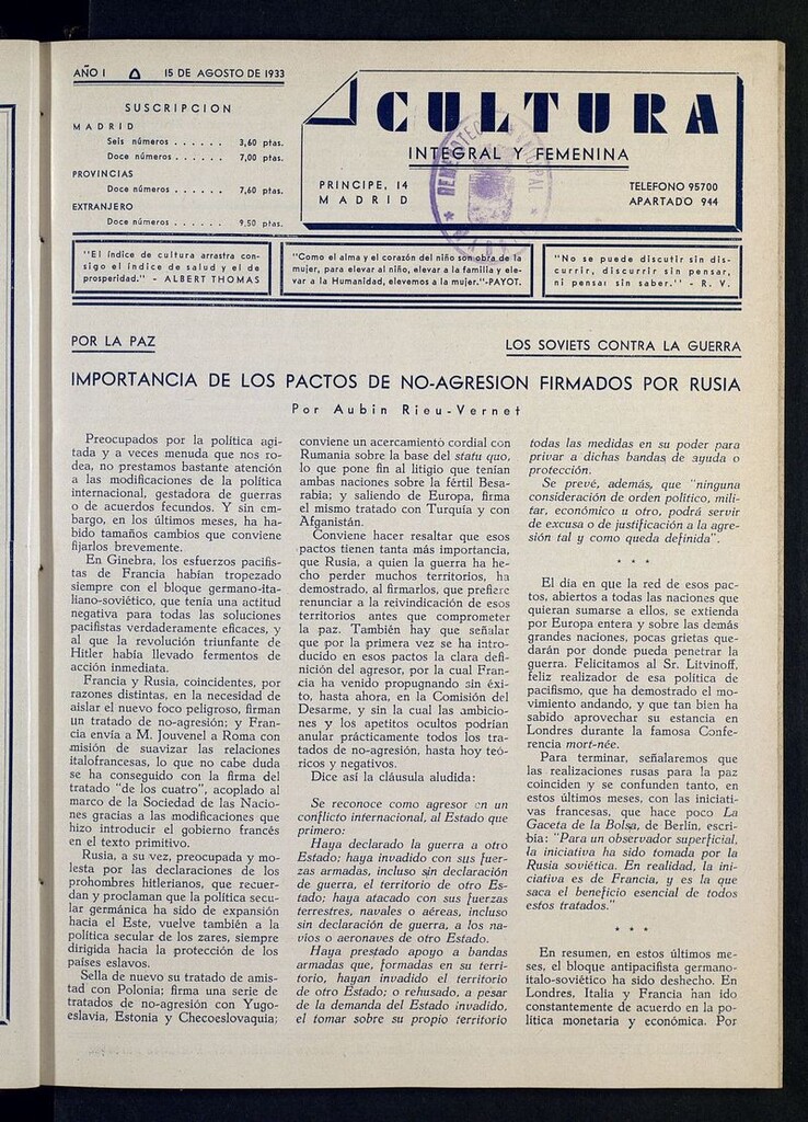 Miniatura de Cultura Integral y Femenina del 15 de agosto de 1933