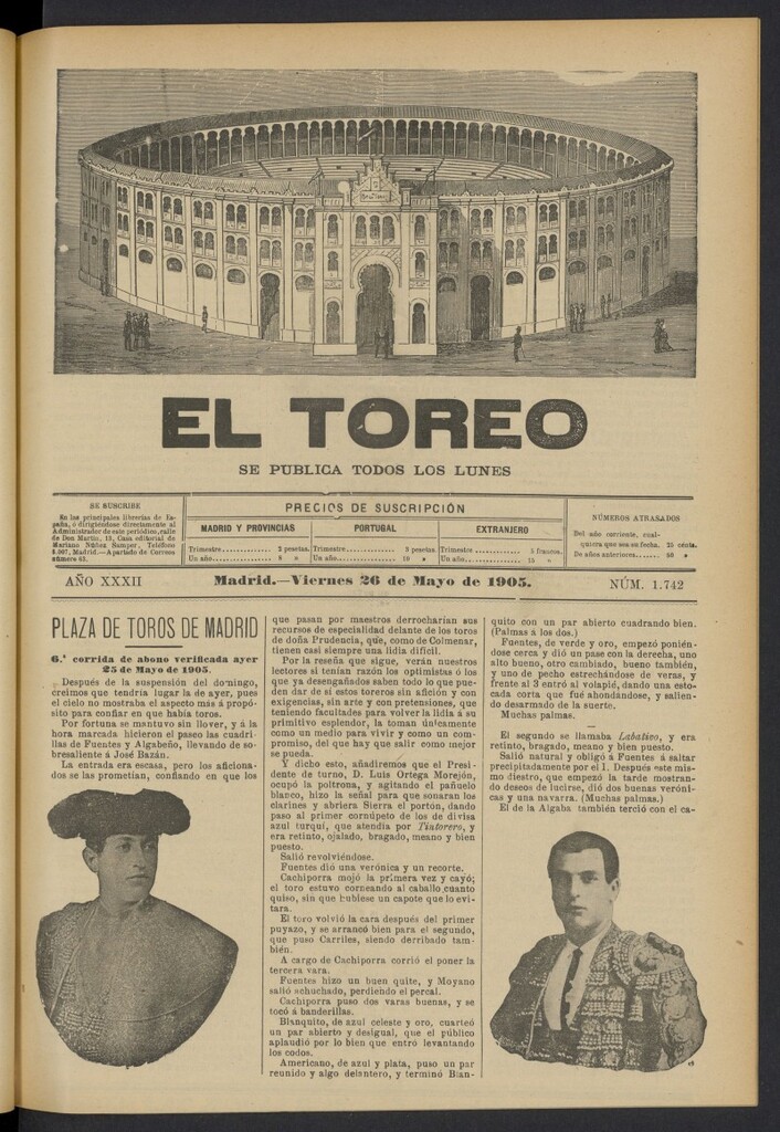Miniatura de El Toreo: suplemento a "La Correspondencia Teatral" del 26 de mayo de 1905, nº 1742