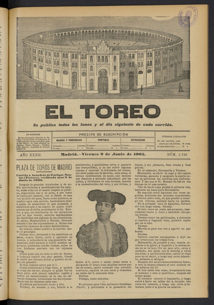 Miniatura de El Toreo: suplemento a "La Correspondencia Teatral" del 9 de junio de 1905, nº 1746