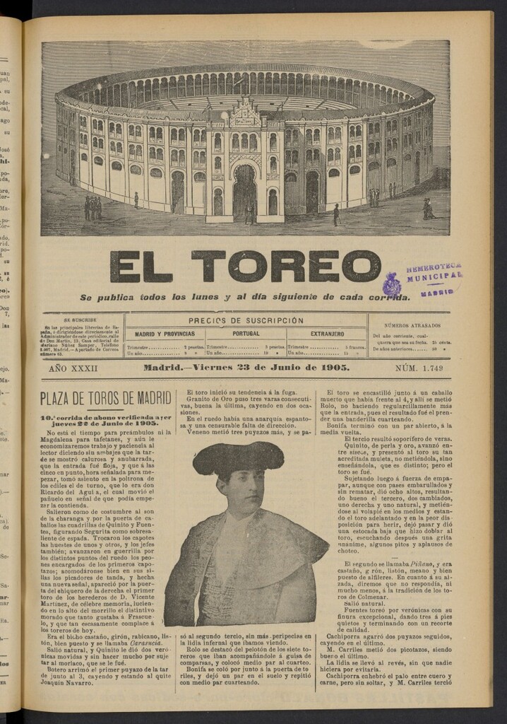 Miniatura de El Toreo: suplemento a "La Correspondencia Teatral" del 23 de junio de 1905, nº 1749