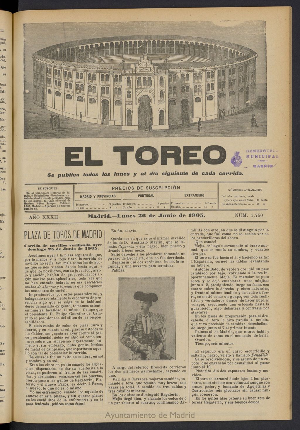 Miniatura de El Toreo: suplemento a "La Correspondencia Teatral" del 26 de junio de 1905, nº 1750