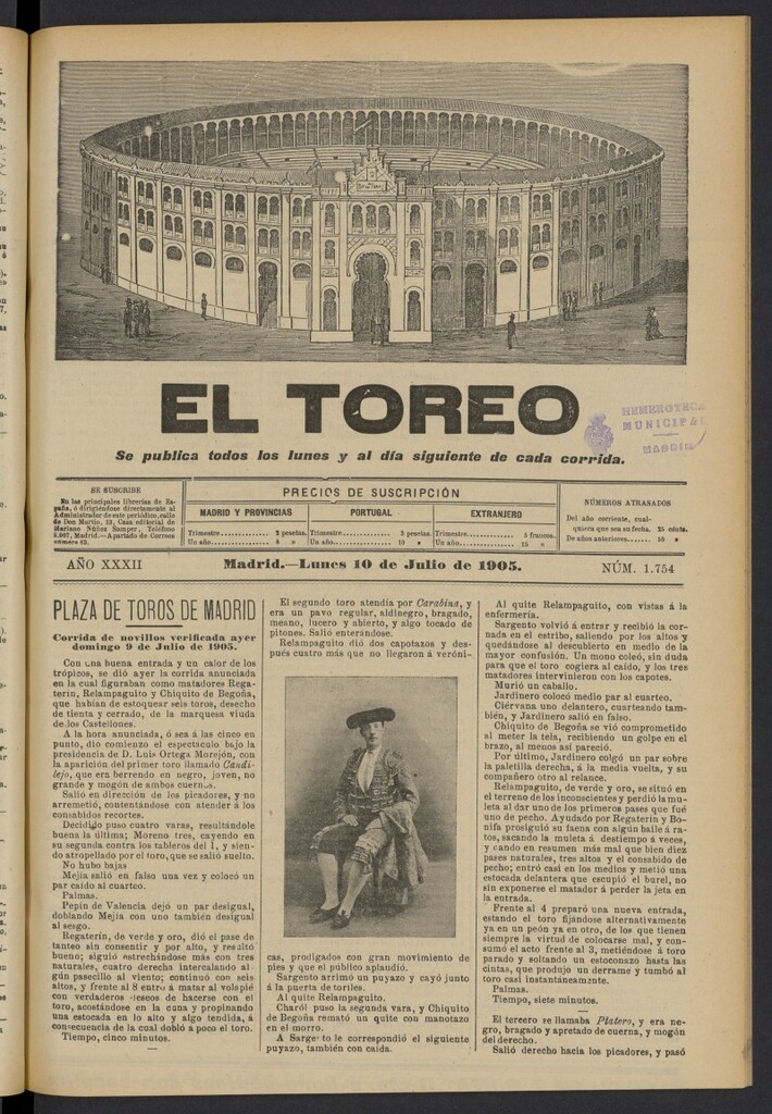 Miniatura de El Toreo: suplemento a "La Correspondencia Teatral" del 10 de julio de 1905, nº 1754