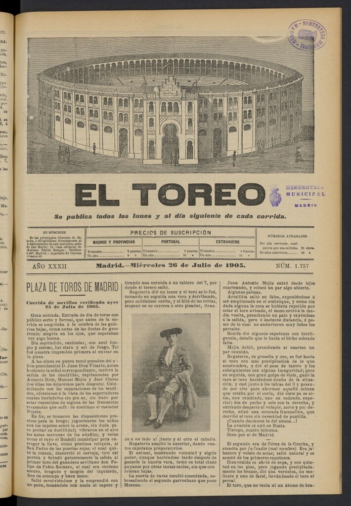 Miniatura de El Toreo: suplemento a "La Correspondencia Teatral" del 26 de julio de 1905, nº 1757