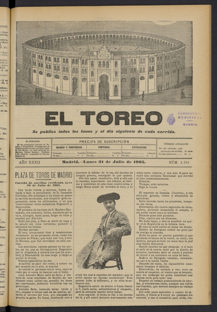 Miniatura de El Toreo: suplemento a "La Correspondencia Teatral" del 31 de julio de 1905, nº 1758
