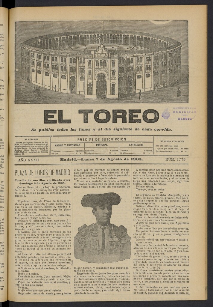 Miniatura de El Toreo: suplemento a "La Correspondencia Teatral" del 7 de agosto de 1905, nº 1759