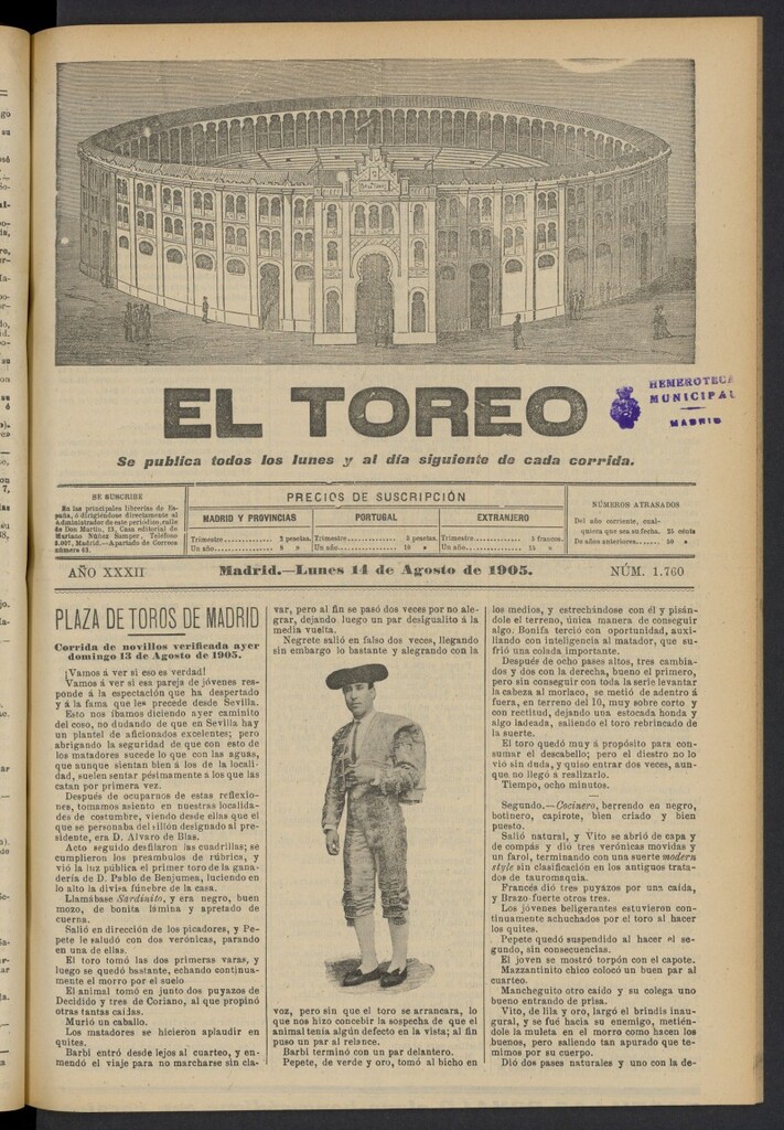 Miniatura de El Toreo: suplemento a "La Correspondencia Teatral" del 14 de agosto de 1905, nº 1760