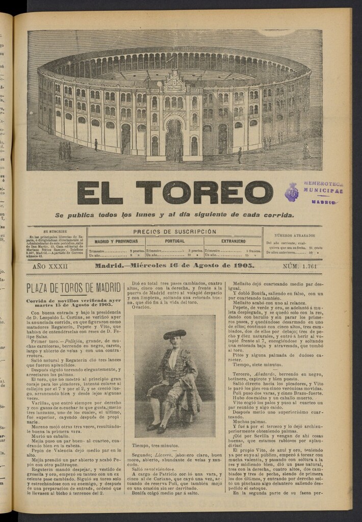 Miniatura de El Toreo: suplemento a "La Correspondencia Teatral" del 16 de agosto de 1905, nº 1761