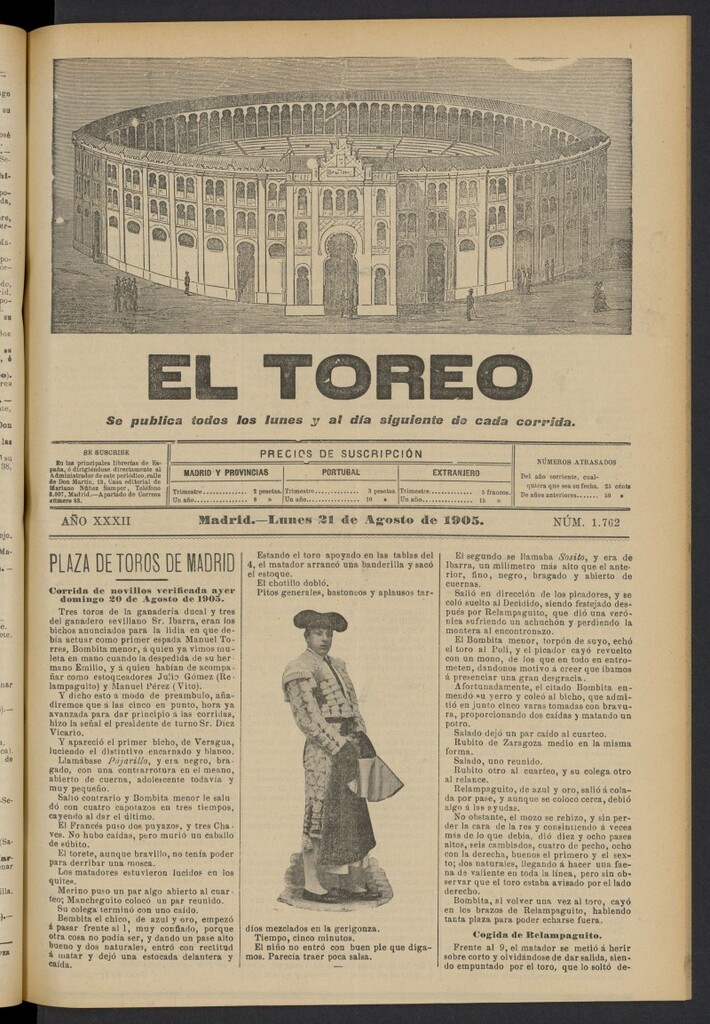 Miniatura de El Toreo: suplemento a "La Correspondencia Teatral" del 21 de agosto de 1905, nº 1762