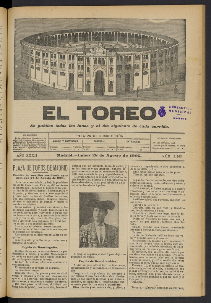 Miniatura de El Toreo: suplemento a "La Correspondencia Teatral" del 28 de agosto de 1905, nº 1763