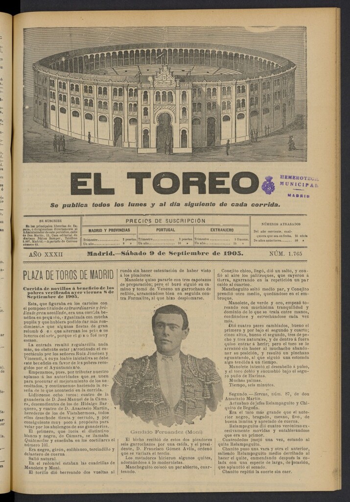 Miniatura de El Toreo: suplemento a "La Correspondencia Teatral" del 9 de septiembre de 1905, nº 1765