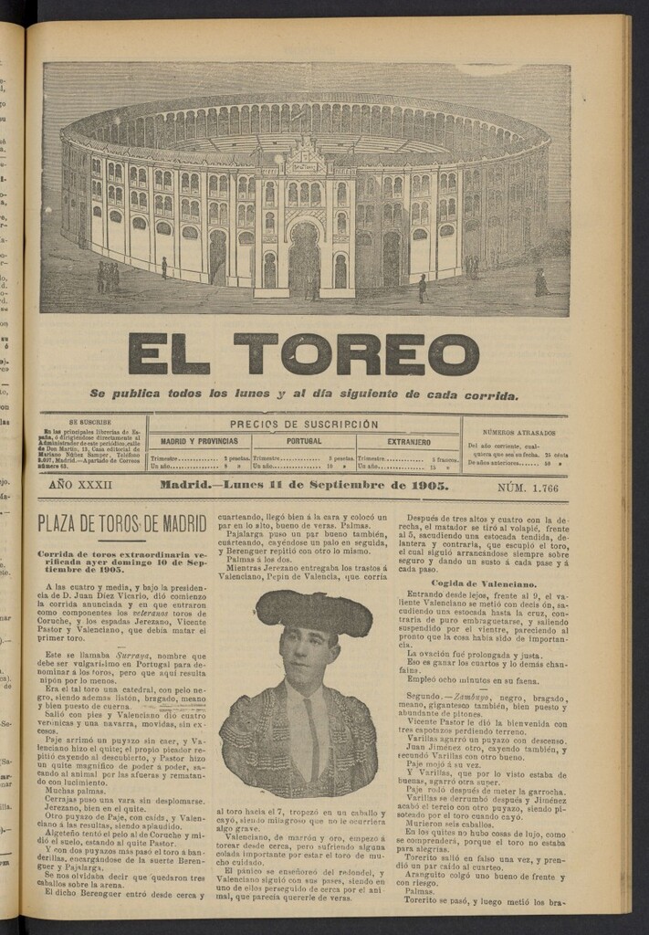 Miniatura de El Toreo: suplemento a "La Correspondencia Teatral" del 11 de septiembre de 1905, nº 1766