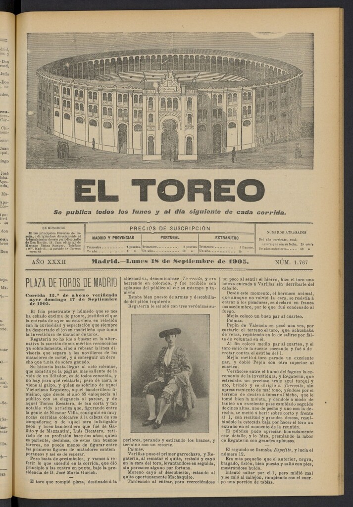 Miniatura de El Toreo: suplemento a "La Correspondencia Teatral" del 18 de septiembre de 1905, nº 1767