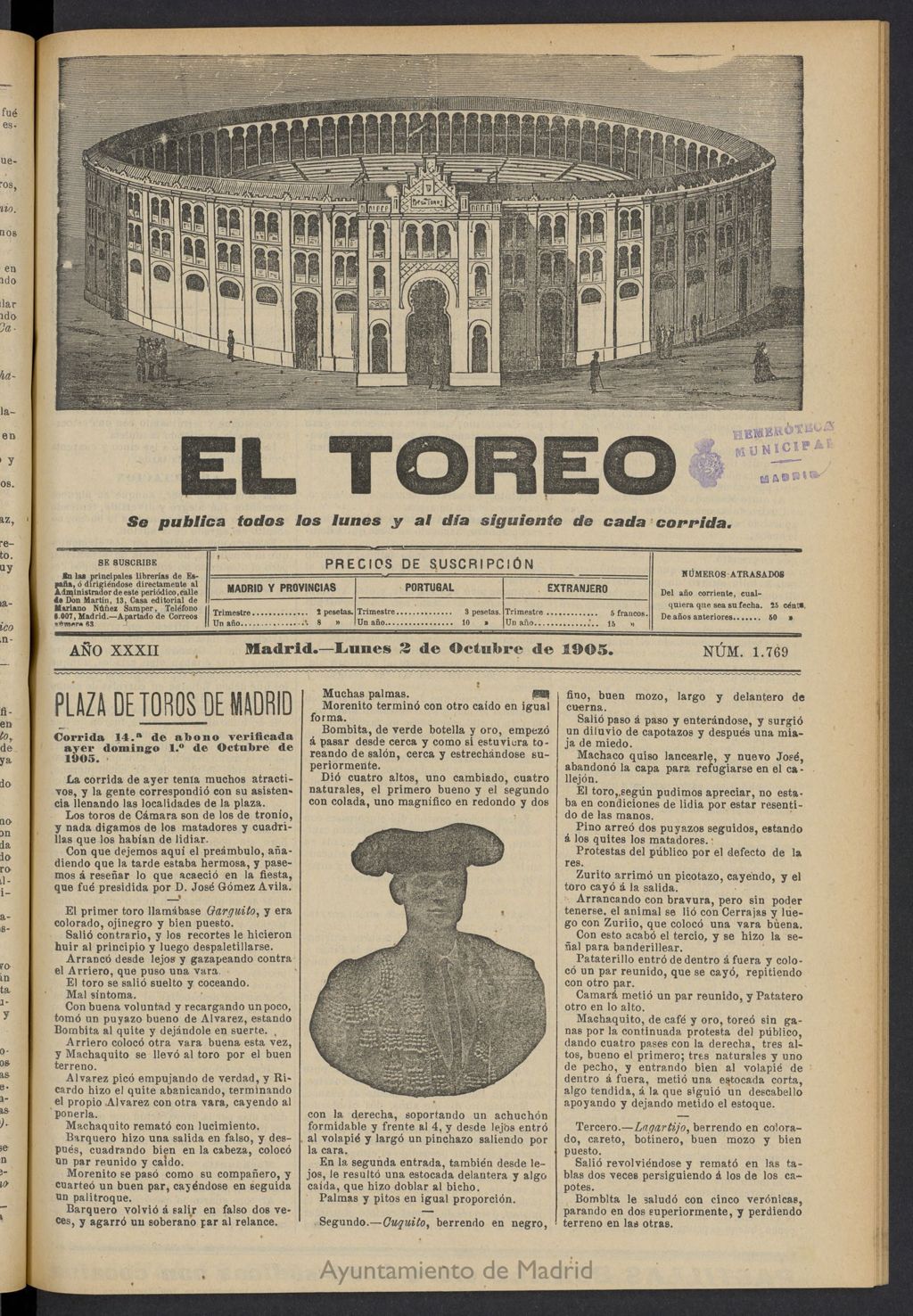 Miniatura de El Toreo: suplemento a "La Correspondencia Teatral" del 2 de octubre de 1905, nº 1769