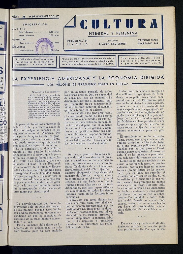 Miniatura de Cultura Integral y Femenina del 15 de noviembre de 1933