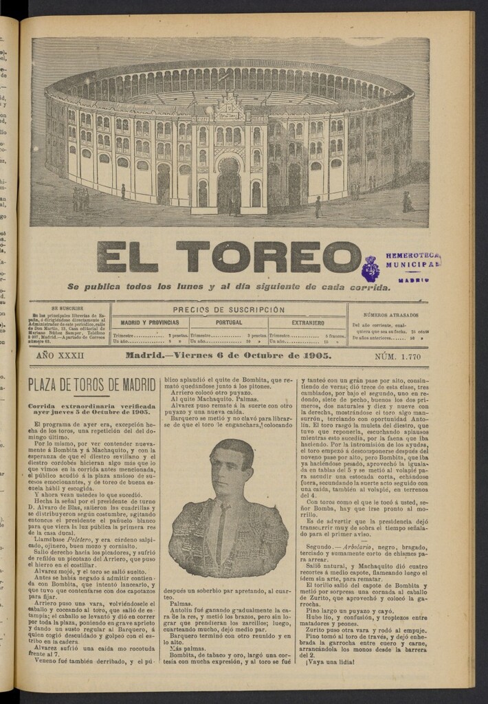 Miniatura de El Toreo: suplemento a "La Correspondencia Teatral" del 6 de octubre de 1905, nº 1770