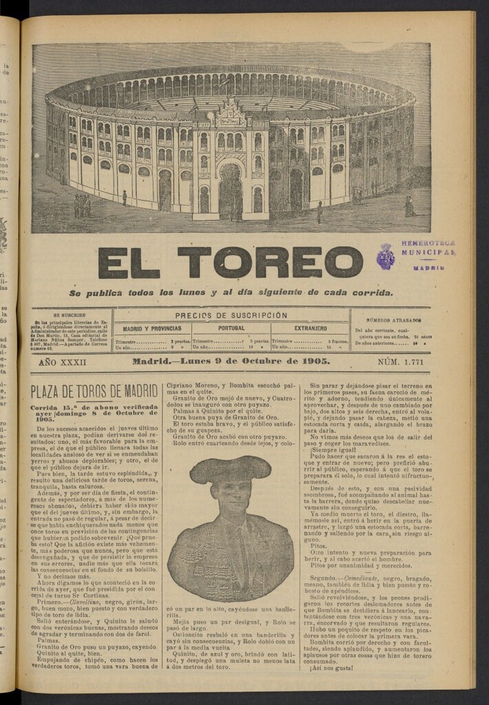 Miniatura de El Toreo: suplemento a "La Correspondencia Teatral" del 9 de octubre de 1905, nº 1771