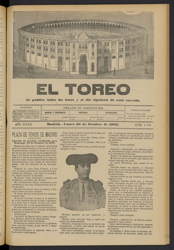 Miniatura de El Toreo: suplemento a "La Correspondencia Teatral" del 30 de octubre de 1905, nº 1775