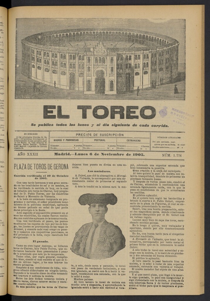 Miniatura de El Toreo: suplemento a "La Correspondencia Teatral" del 6 de noviembre de 1905, nº 1776