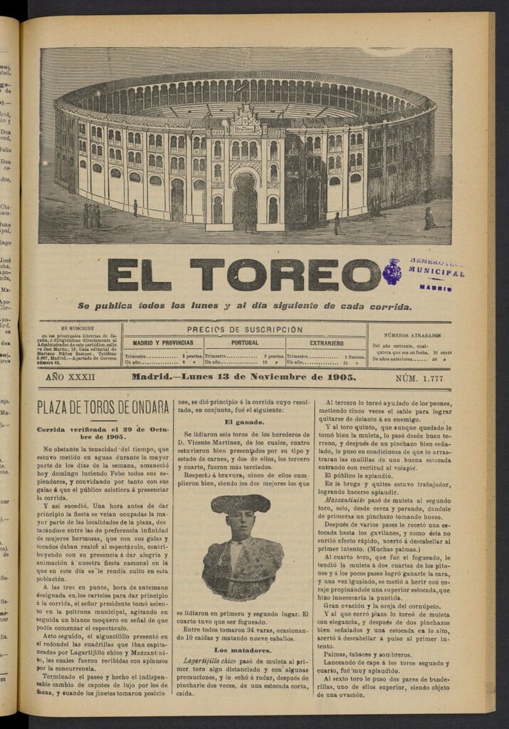 Miniatura de El Toreo: suplemento a "La Correspondencia Teatral" del 13 de noviembre de 1905, nº 1777