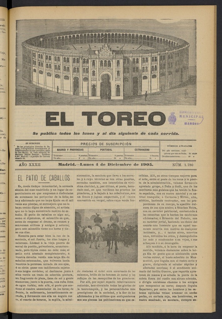 Miniatura de El Toreo: suplemento a "La Correspondencia Teatral" del 4 de diciembre de 1905, nº 1780