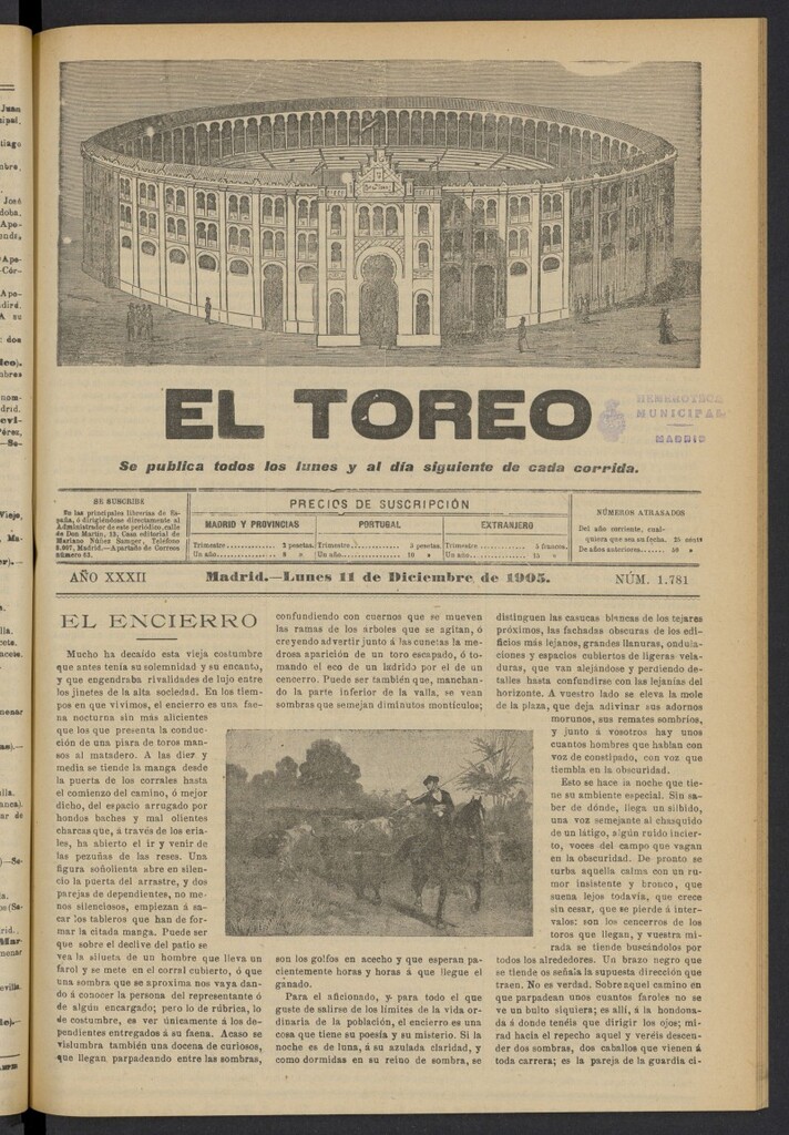Miniatura de El Toreo: suplemento a "La Correspondencia Teatral" del 11 de diciembre de 1905, nº 1781