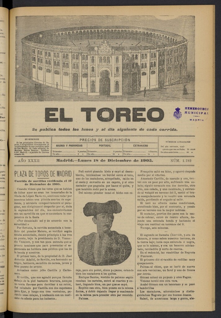 Miniatura de El Toreo: suplemento a "La Correspondencia Teatral" del 18 de diciembre de 1905, nº 1782