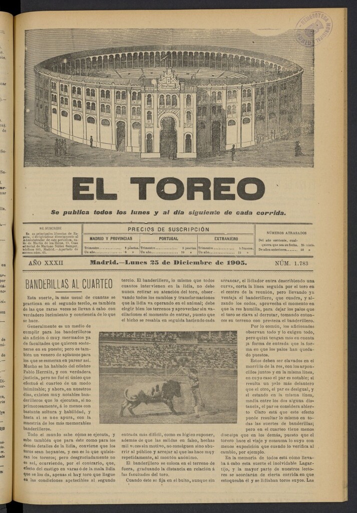 Miniatura de El Toreo: suplemento a "La Correspondencia Teatral" del 25 de diciembre de 1905, nº 1783