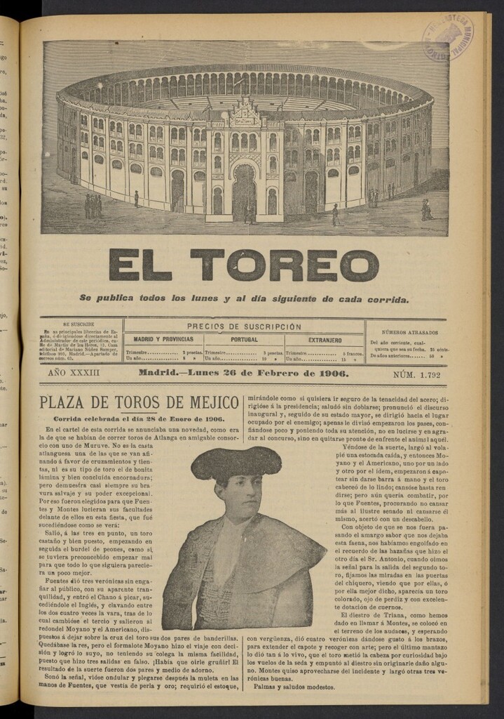 Miniatura de El Toreo: suplemento a "La Correspondencia Teatral" del 26 de febrero de 1906, nº 1792