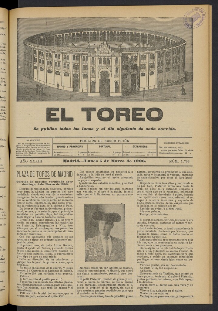 Miniatura de El Toreo: suplemento a "La Correspondencia Teatral" del 5 de marzo de 1906, nº 1793