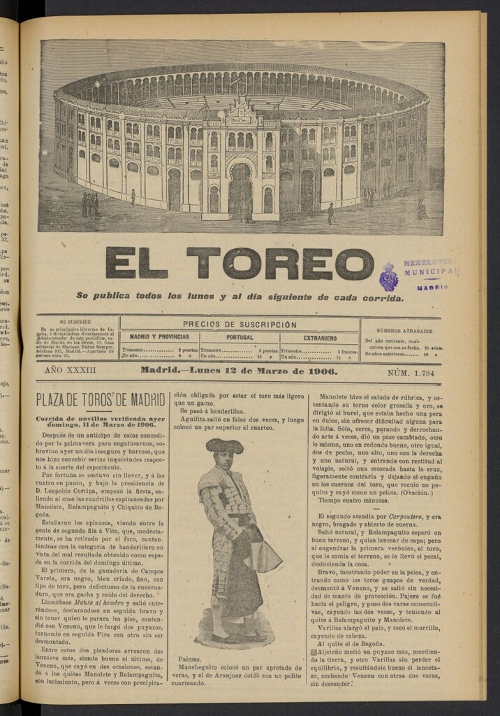 Miniatura de El Toreo: suplemento a "La Correspondencia Teatral" del 12 de marzo de 1906, nº 1794