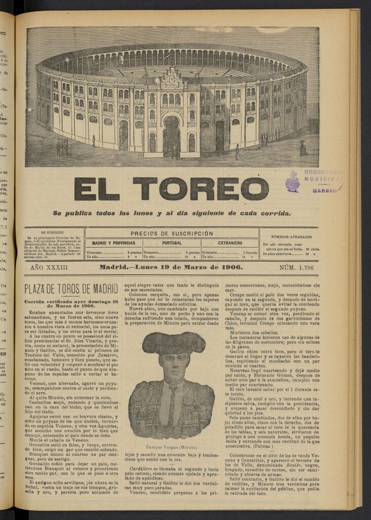 Miniatura de El Toreo: suplemento a "La Correspondencia Teatral" del 19 de marzo de 1906, nº 1796