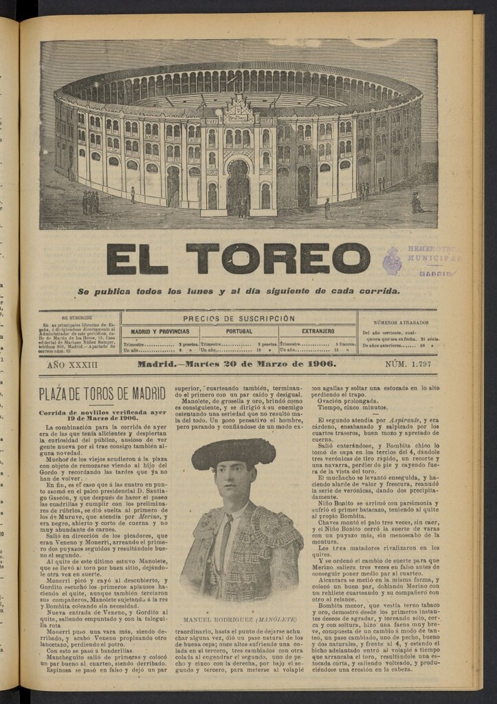 Miniatura de El Toreo: suplemento a "La Correspondencia Teatral" del 20 de marzo de 1906, nº 1797