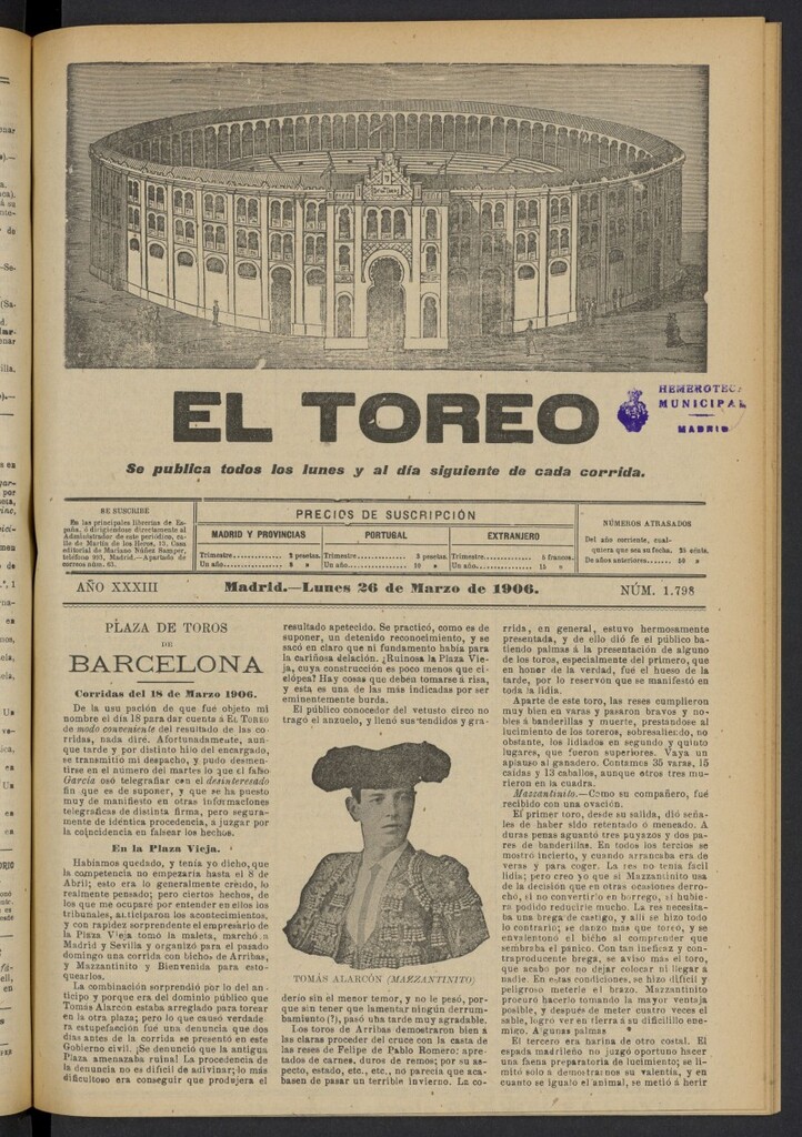 Miniatura de El Toreo: suplemento a "La Correspondencia Teatral" del 26 de marzo de 1906, nº 1798