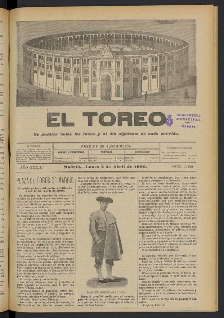 Miniatura de El Toreo: suplemento a "La Correspondencia Teatral" del 2 de abril de 1906, nº 1799