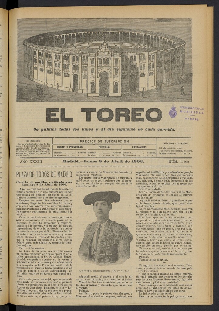 Miniatura de El Toreo: suplemento a "La Correspondencia Teatral" del 9 de abril de 1906, nº 1800