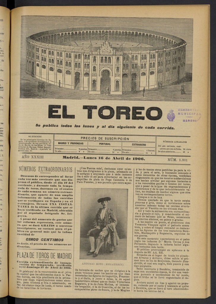 Miniatura de El Toreo: suplemento a "La Correspondencia Teatral" del 16 de abril de 1906, nº 1801