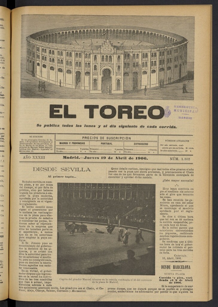 Miniatura de El Toreo: suplemento a "La Correspondencia Teatral" del 19 de abril de 1906, nº 1802