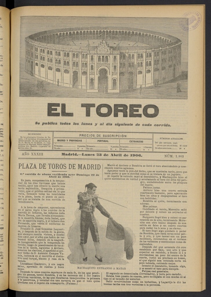 Miniatura de El Toreo: suplemento a "La Correspondencia Teatral" del 23 de abril de 1906, nº 1803
