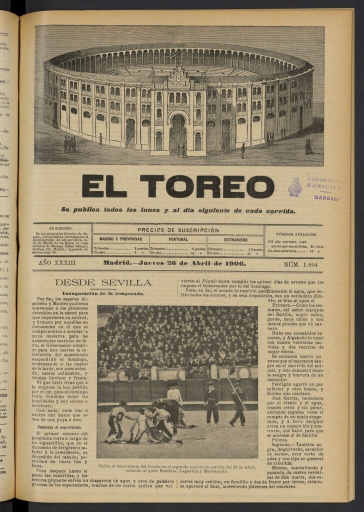 Miniatura de El Toreo: suplemento a "La Correspondencia Teatral" del 26 de abril de 1906, nº 1804