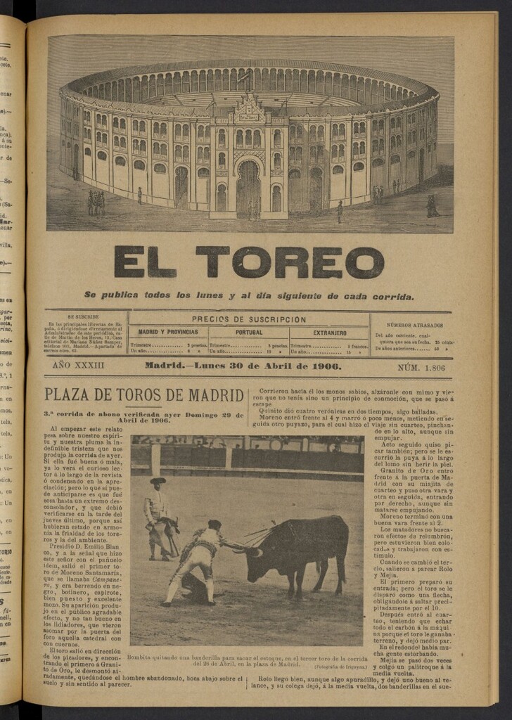 Miniatura de El Toreo: suplemento a "La Correspondencia Teatral" del 30 de abril de 1906, nº 1806