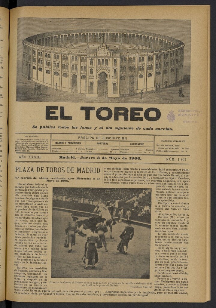 Miniatura de El Toreo: suplemento a "La Correspondencia Teatral" del 3 de mayo de 1906, nº 1807