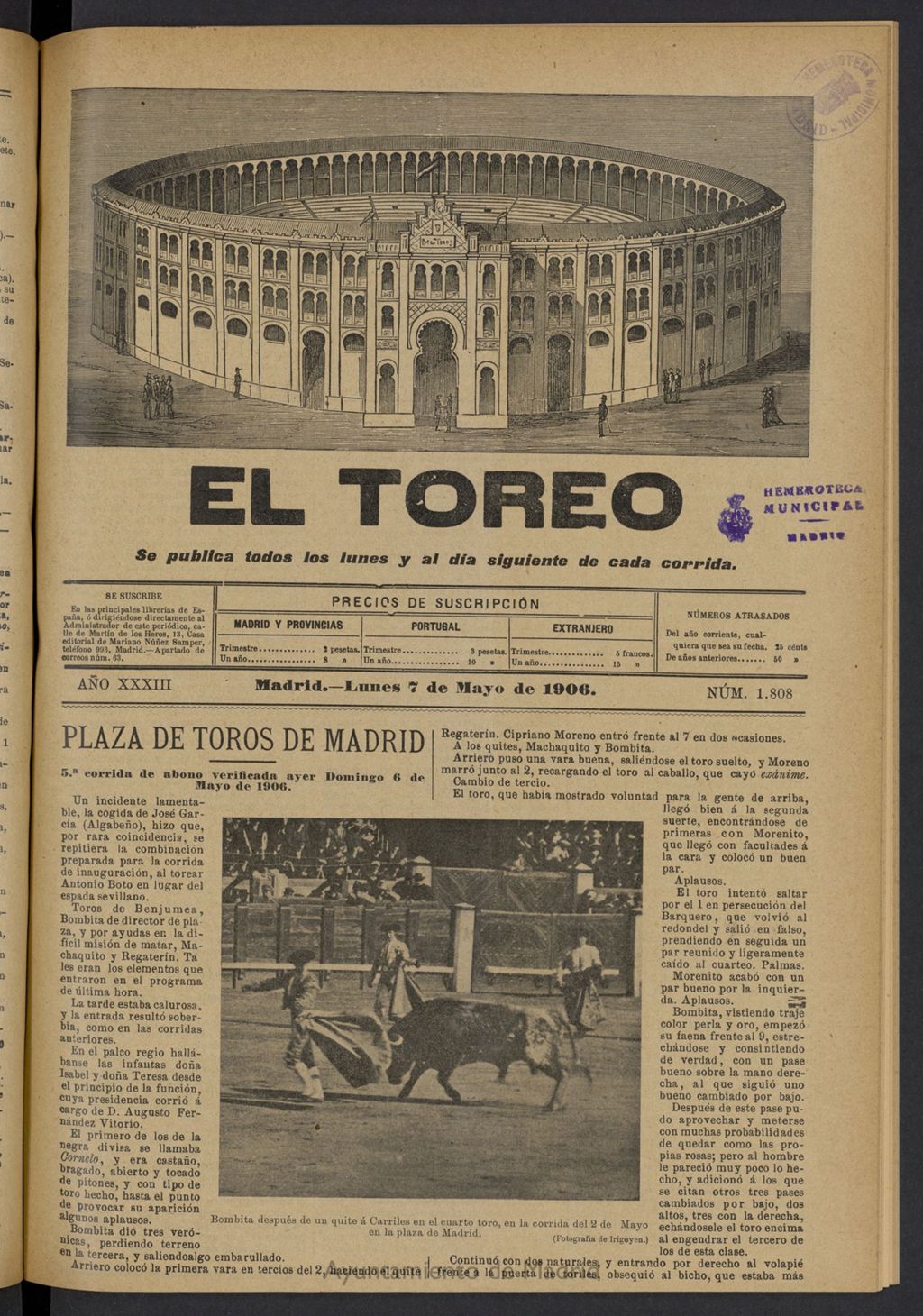Miniatura de El Toreo: suplemento a "La Correspondencia Teatral" del 7 de mayo de 1906, nº 1808