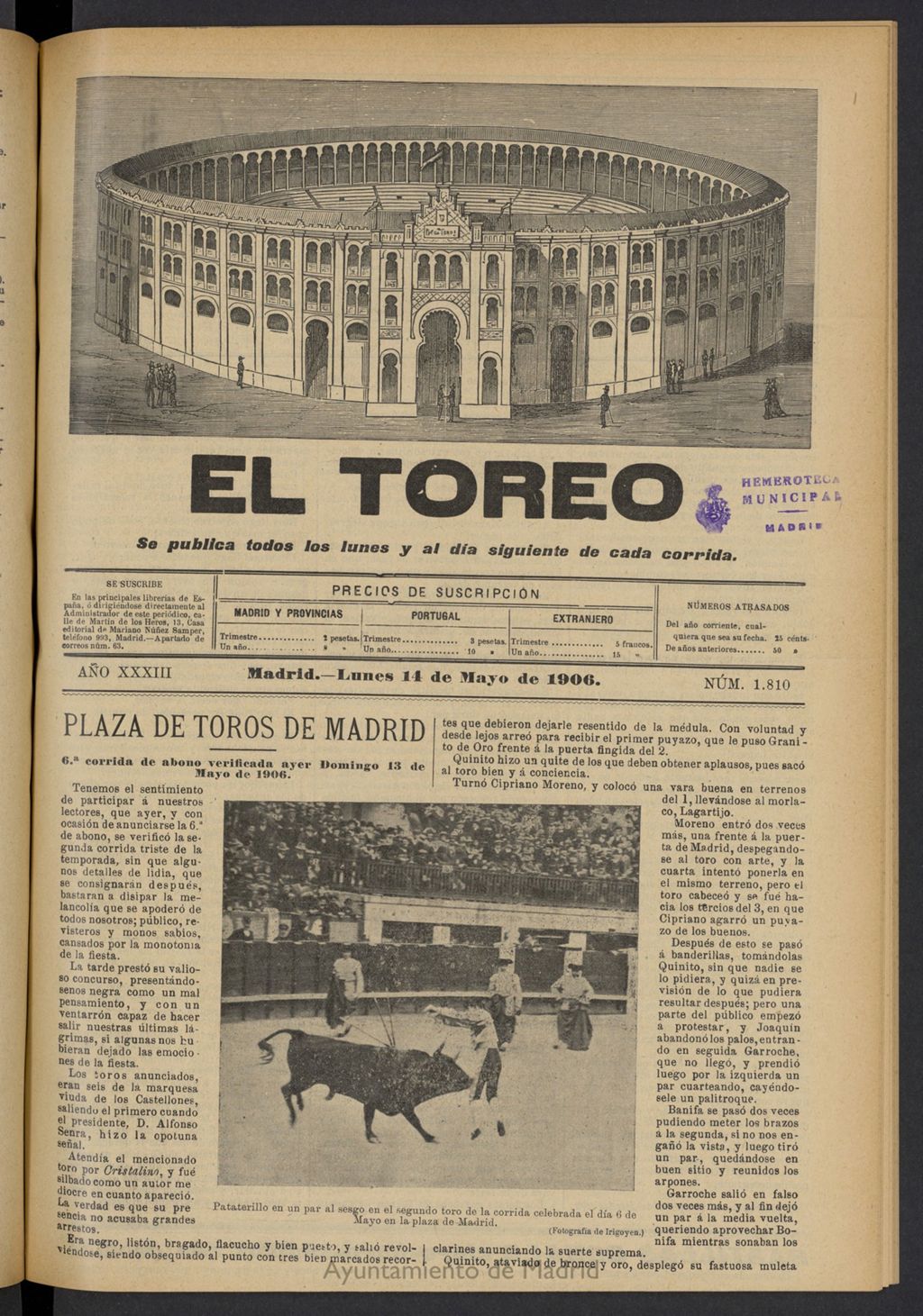 Miniatura de El Toreo: suplemento a "La Correspondencia Teatral" del 14 de mayo de 1906, nº 1810