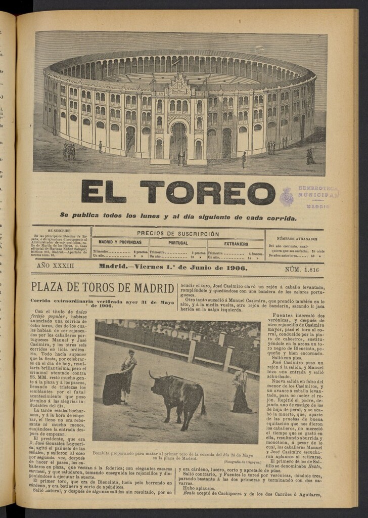 Miniatura de El Toreo: suplemento a "La Correspondencia Teatral" del 1 de junio de 1906, nº 1816